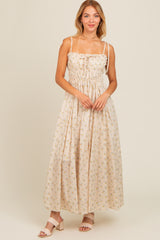 Cream Floral Ruched Bust Shoulder Tie Maxi Dress