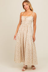 Cream Floral Ruched Bust Shoulder Tie Maxi Dress