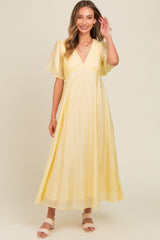 Yellow V-Neck Flutter Sleeve Maxi Dress