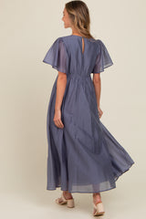 Blue V-Neck Flutter Sleeve Maxi Dress