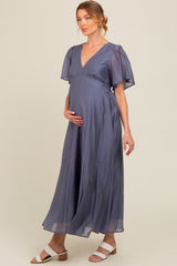 Blue V-Neck Flutter Sleeve Maternity Maxi Dress