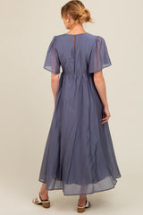 Blue V-Neck Flutter Sleeve Maternity Maxi Dress