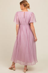 Lavender V-Neck Flutter Sleeve Maternity Maxi Dress