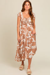 Camel Leaf Print Off Shoulder Smocked Maternity Midi Dress