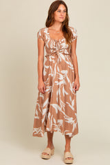 Camel Leaf Print Off Shoulder Smocked Midi Dress