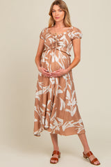 Camel Leaf Print Off Shoulder Smocked Maternity Midi Dress