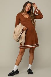 Mocha V-Neck Pleated Maternity Knit Dress