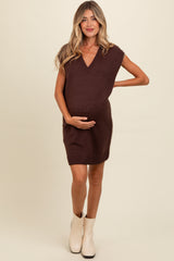 Brown Contrast Stitch V-Neck Maternity Mini Sweater Dress