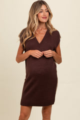 Brown Contrast Stitch V-Neck Maternity Mini Sweater Dress