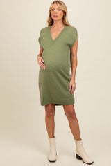 Light Olive Contrast Stitch V-Neck Maternity Mini Sweater Dress