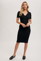 Black Knit Collared V-Neck Fitted Maternity Midi Dress