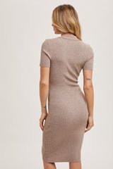 Mocha Knit Collared V-Neck Fitted Midi Dress