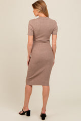 Mocha Knit Collared V-Neck Fitted Maternity Midi Dress