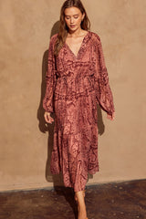 Mauve Wine Printed Bubble Sleeve Tiered Dress