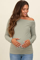 Light Olive One Shoulder Long Sleeve Maternity Top