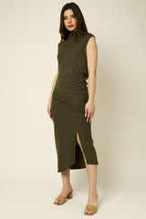 Olive Mock Neck Side Ruched Side Slit Maternity Dress