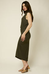 Olive Mock Neck Side Ruched Side Slit Dress