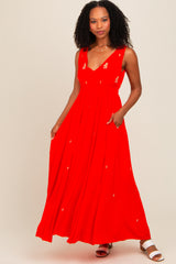 Coral Floral Embroidered Sleeveless Maxi Dress