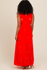 Coral Floral Embroidered Sleeveless Maxi Dress