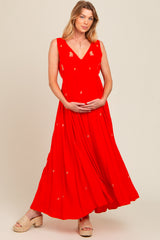 Coral Floral Embroidered Sleeveless Maternity Maxi Dress