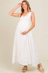 White Floral Embroidered Sleeveless Maternity Maxi Dress