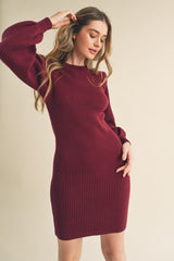 Burgundy Bubble Sleeve Sweater Dress