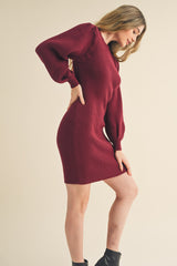 Burgundy Bubble Sleeve Sweater Dress