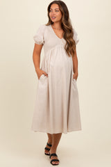 Beige Smocked V-Neck Puff Sleeve Maternity Midi Dress