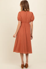 Rust Smocked V-Neck Puff Sleeve Midi Dress