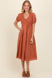 Rust Smocked V-Neck Puff Sleeve Midi Dress