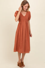 Rust Smocked V-Neck Puff Sleeve Midi Dress