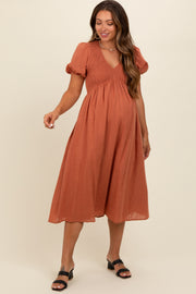 Rust Smocked V-Neck Puff Sleeve Maternity Midi Dress