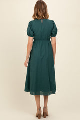 Green Smocked V-Neck Puff Sleeve Midi Dress