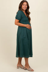 Green Smocked V-Neck Puff Sleeve Maternity Midi Dress