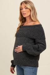 Charcoal Off Shoulder Foldover Maternity Sweater