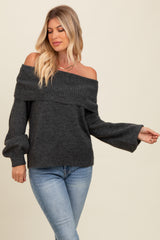 Charcoal Off Shoulder Foldover Sweater