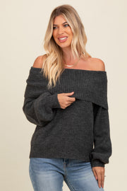 Charcoal Off Shoulder Foldover Sweater