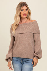 Mocha Off Shoulder Foldover Maternity Sweater