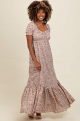 Cream Floral Button Accent Maternity Maxi Dress