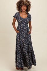 Navy Blue Floral Button Accent Maternity Maxi Dress