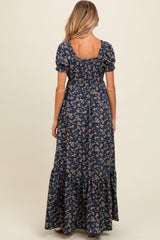 Navy Blue Floral Button Accent Maternity Maxi Dress