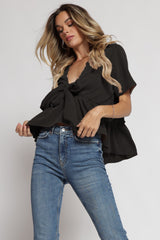 Charcoal Black Bow Detailed Novelty Knit Top