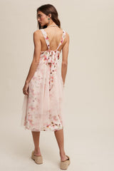 Blush Romantic Floral Print Midi Dress With Drapey Mesh