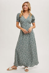 Sage Floral Print V-Neck Maxi Dress