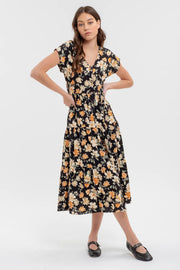 Black Multi Button Down Tiered Floral V Neck Midi Dress