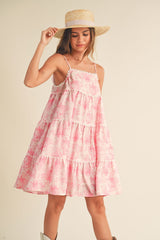 Pink Floral Tiered Scallop Trim Mini Dress