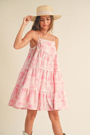 Pink Floral Tiered Scallop Trim Mini Dress