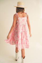 Pink Floral Tiered Scallop Trim Mini Dress