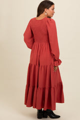 Rust Smocked Tiered Long Sleeve Maternity Maxi Dress