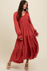 Rust Smocked Tiered Long Sleeve Maxi Dress